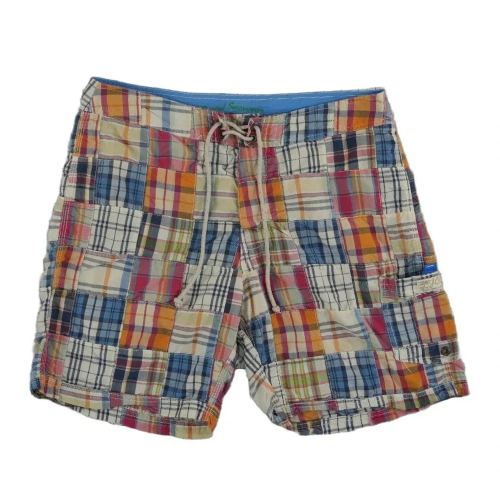J.Crew Board Shorts Men's Size 33 Multi Patchwork Madras Plaid Cotton Blend Swim